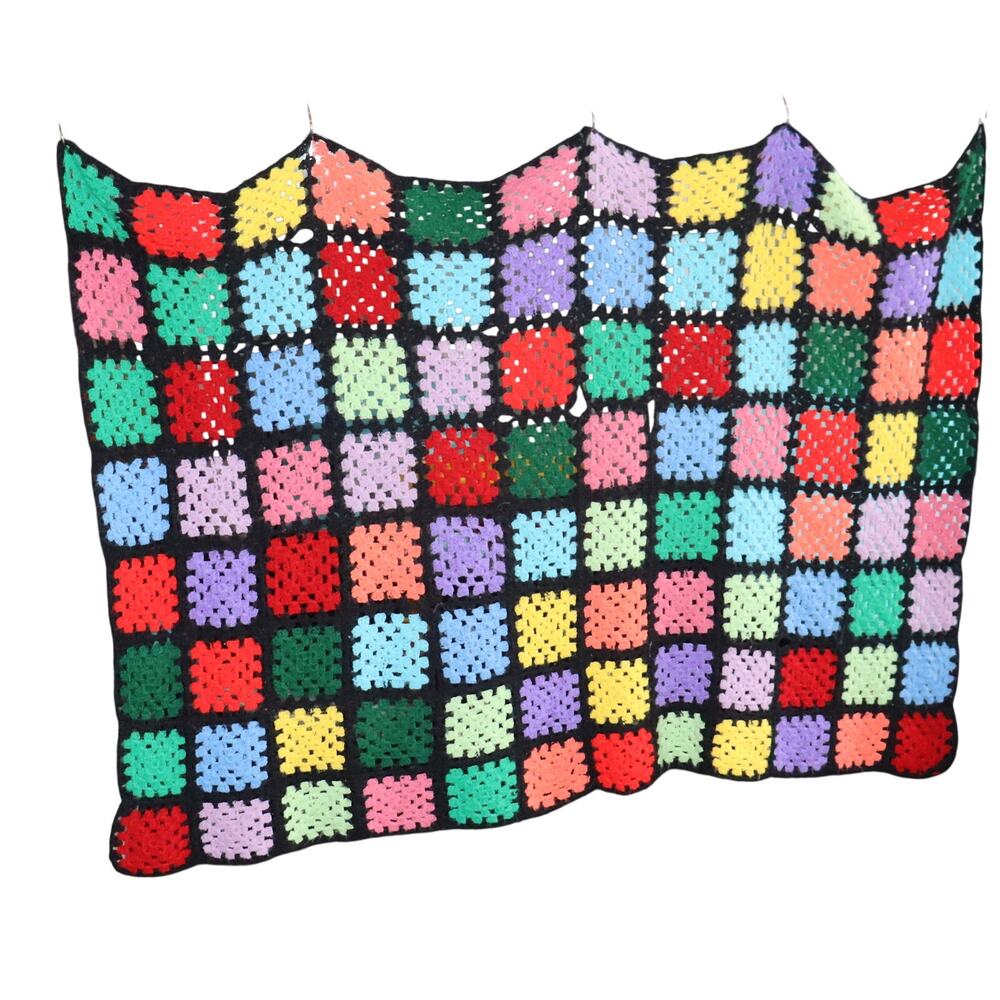 Vintage Granny Square Crochet Blanket 55x40‎ Black Multicolor